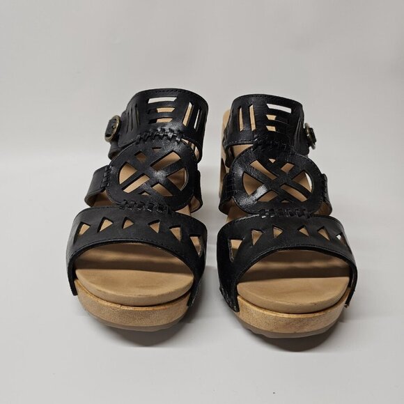 Dankso Oralee Black Leather Cut Out Wood Platform Sandals Boho Chic 39/8.5-9 - Picture 4 of 11